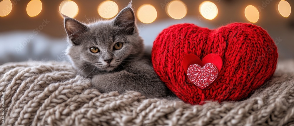 Poster adorable gray kitten resting on a cozy knitted blanket next to a red heart shape in soft focus with 