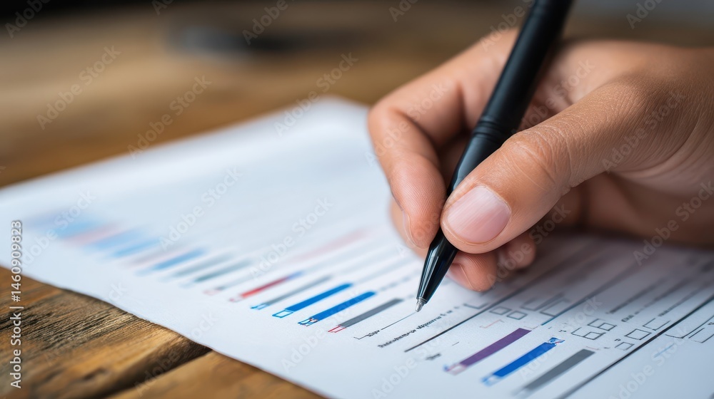 Poster close-up of a hand writing on a document with graphs and charts.