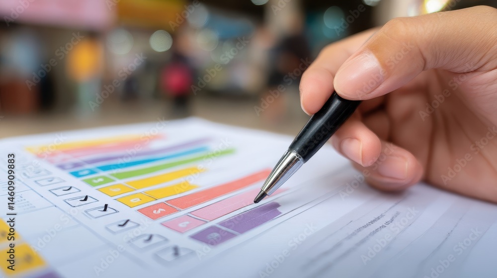 Poster close-up view of a hand reviewing colorful bar graph data.