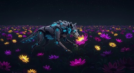Cybernetic Wolf in a Field of Luminous Flowers at Night