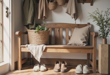 Cozy wooden bench with shoes and decorative plants in a warm entryway