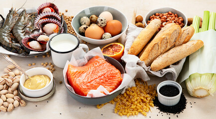 Allergy food concept. Assorted allergic products