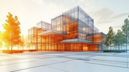 Architectural rendering of a modern office building at dawn.