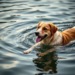 create a photo of a dog swimming in water, the subject should be positioned on the right side of the image with ample copy space on the left