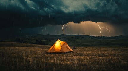 Illuminated tent in a stormy landscape with lightning striking.