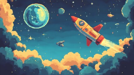 Obraz premium Charming pixel art cat in space with a bubble helmet floating near a tiny spaceship in a cosmic scene