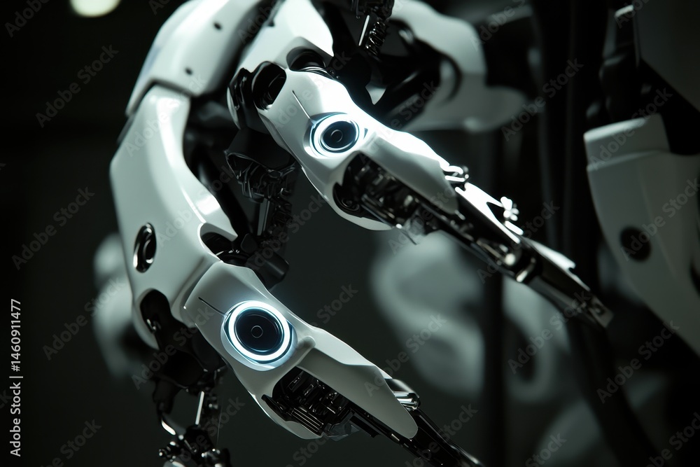 Poster futuristic robot arm close up in studio lighting; high tech artificial intelligence concept; robotic