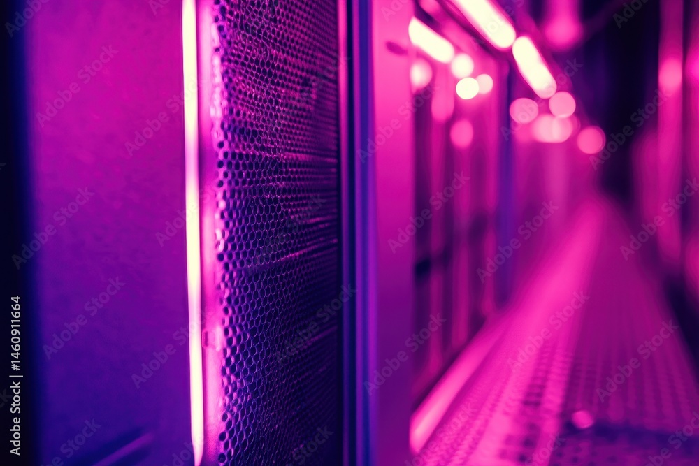 Poster server rack close up in data center with pink and purple lighting abstract view of technology