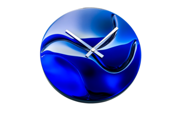 Round blue clock with silver hands isolated on black, cut out transparent