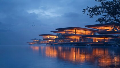 Fototapeta premium Modern waterfront resort at dusk