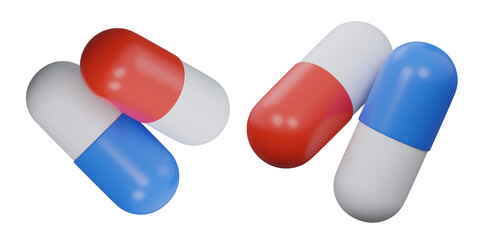 3D Render of Medical Capsules in Red, Blue, and White Colors