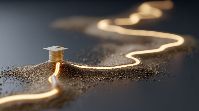 Educational Journey: A cap and a winding path illuminated by a glowing line, symbolizing the pursuit of education and the enlightening journey of academic growth. 