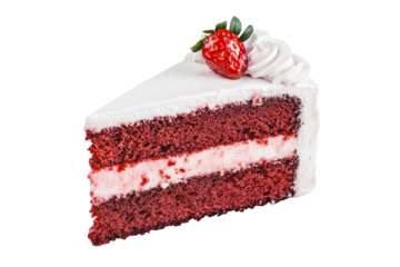 Red velvet cake slice with strawberry, pastry treat, cut out transparent