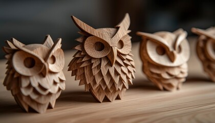 Carved wooden owls, set of four