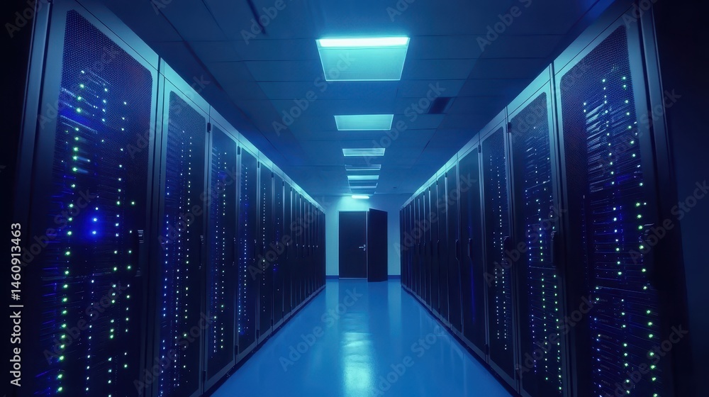 Poster data center interior view of server racks in a long row perspective of it infrastructure with blue t