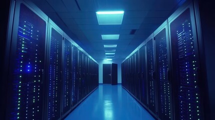 Data Center Interior View of Server Racks in a Long Row Perspective of IT Infrastructure with Blue Tones and Open Door