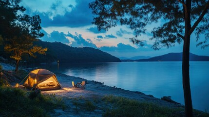 Illuminated tent on tranquil lakeshore at twilight, serene landscape.