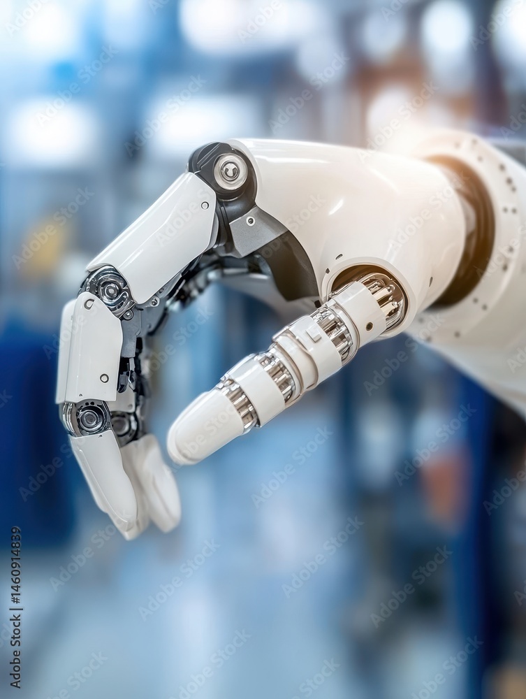 Poster robotic arm closeup in factory setting, mechanical hand of robot, automation and technology concept,