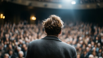 Fototapeta premium Commanding the Assembly: A confident speaker addresses a rapt audience in a packed auditorium, bathed in the dramatic glow of stage lighting.