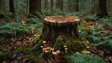 Obraz premium A tree stump covered in moss and mushrooms in a forest with ferns and other trees around it