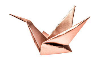 Rose gold origami crane, craft paper folded figure, isolated, cut out transparent