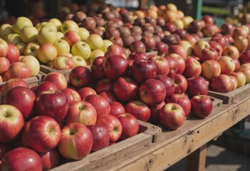 Fresh apples displayed in wooden crates at a vibrant market