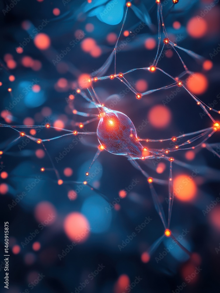 Poster neural network illustration showing synapses and neuron connections in blue and orange abstract digi