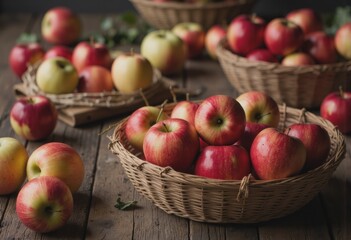 Fresh red apples in woven baskets on a rustic wooden table