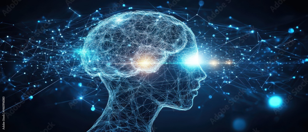 Poster artificial intelligence concept illustration of human brain network connection side view on dark bac