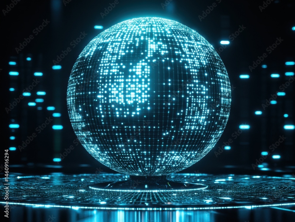 Poster glowing digital sphere on platform close up abstract futuristic tech concept innovation data visuali