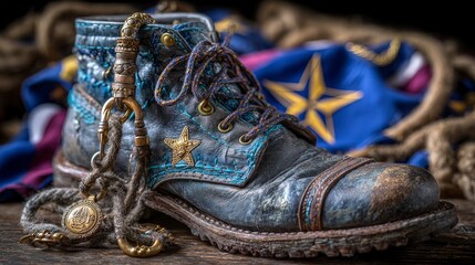 Naklejka premium Worn Leather Boot with Star Detail Patina Rope and Medallion