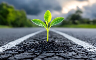 New life sprouting from cracked asphalt