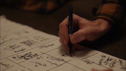 Close-up view of a person writing on a gridded sheet.