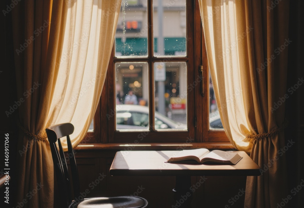 Poster cozy window view with an open book on a wooden table