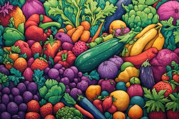 Abundant Colorful Fruits and Vegetables Still Life Flat Lay Overhead Shot Food Art Illustration