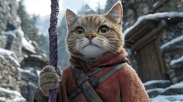 Adventurous cat in snowy village