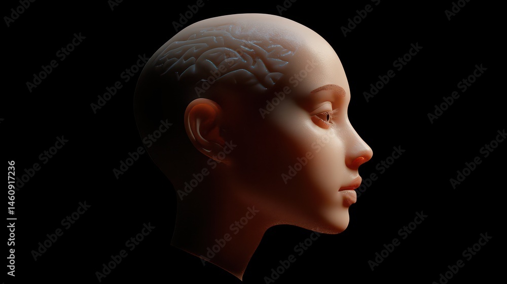 Poster humanoid head profile with visible brain structure on black background artificial intelligence conce