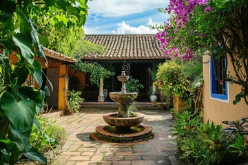Tranquil courtyard with fountain. Lush greenery surrounds a decorative fountain in a sunlit courtyard