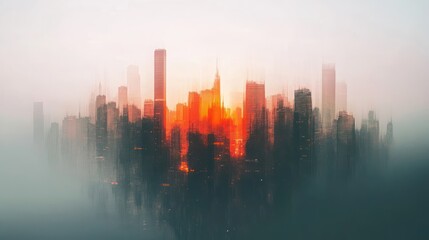 Cityscape at Dawn: An ethereal view of a modern metropolis bathed in the warm glow of sunrise, a surreal dreamscape of urban architecture.