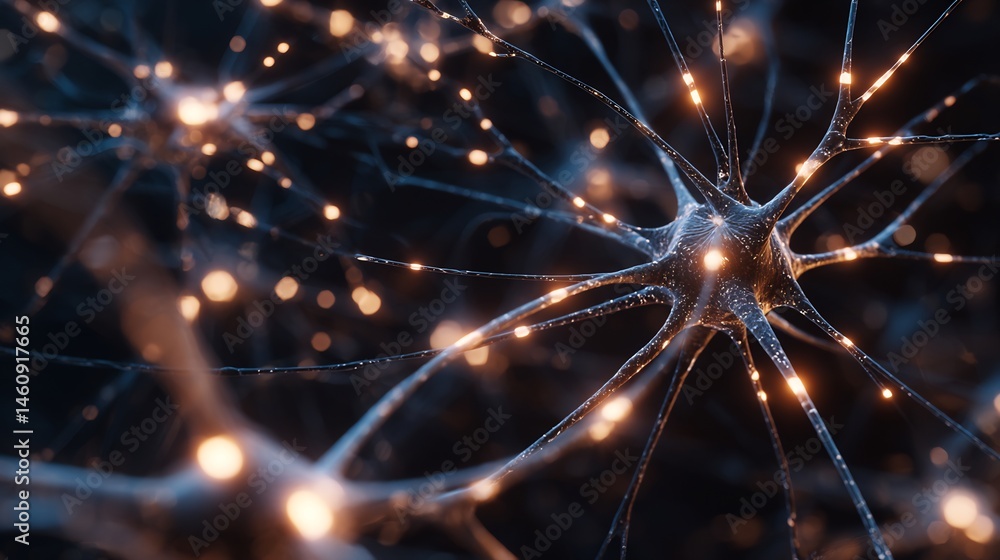 Poster intricate neural network visualization highlighting synaptic connections