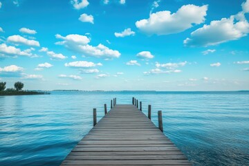 Serene wooden pier extending into tranquil lake under a vibrant sky