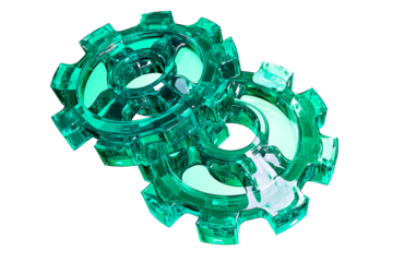 Translucent gears, teal, interconnected, rotating machinery, cut out transparent