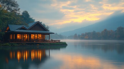 Fototapeta premium Serene wooden cabin by tranquil lake at dawn.