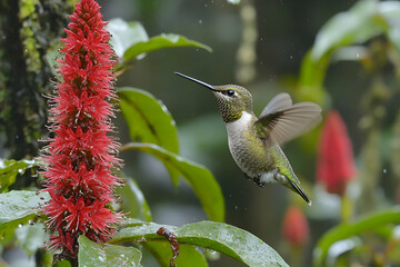 Fototapeta premium A hummingbird in flight, hovering near a vibrant red flower, rain droplets visible. A captivating nature scene.