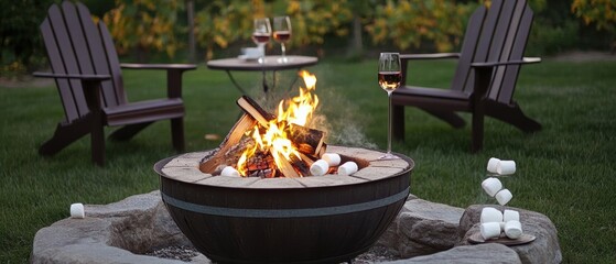 Cozy backyard fire pit scene with Adirondack chairs wine glasses and marshmallows at dusk in a vineyard setting