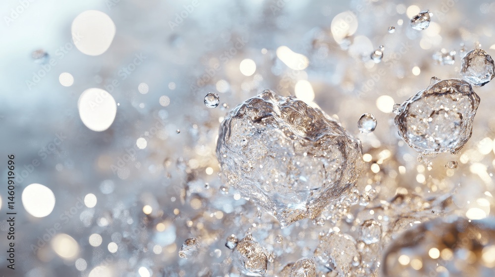 Poster macro shot of water droplets suspended in air with bokeh background for refreshment or purity concep