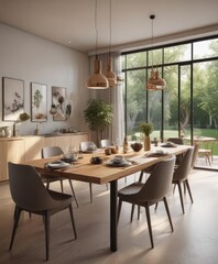 Fototapeta premium Open-concept studio with stylish dining area, natural light, chic, simple, breakfast nook