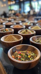 Fototapeta premium Assorted Spices in Wooden Bowls Close Up Display at Spice Shop Market Eye Level View Food Photography