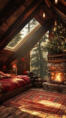 Obraz premium Cozy Christmas Cabin Interior with Fireplace and Bed, Rustic Style, Warm Lighting, Forest View, Relaxing Atmosphere