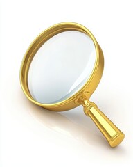 Golden magnifier on white background close up studio shot for search discovery investigation analysis